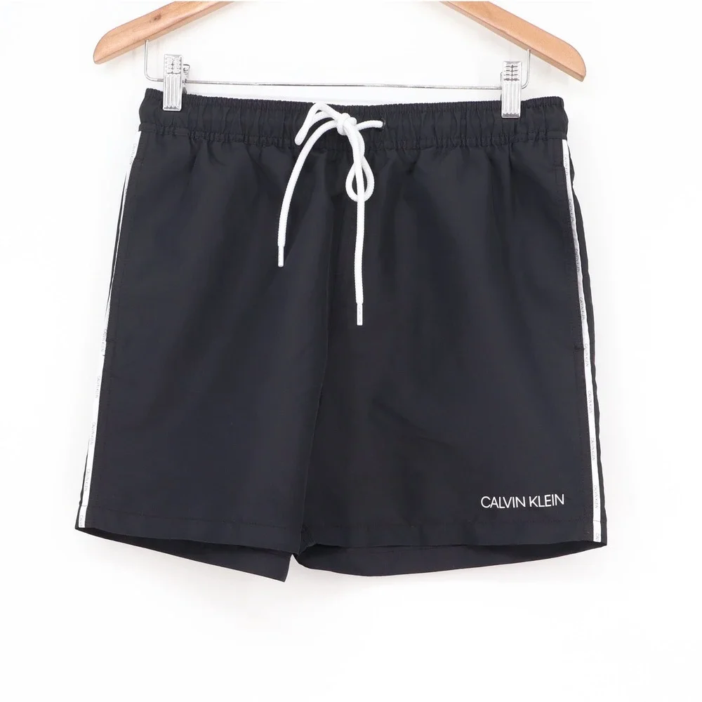 Calvin Klein Mens Swim Trunks Black Logo Side Tape Drawstring Medium